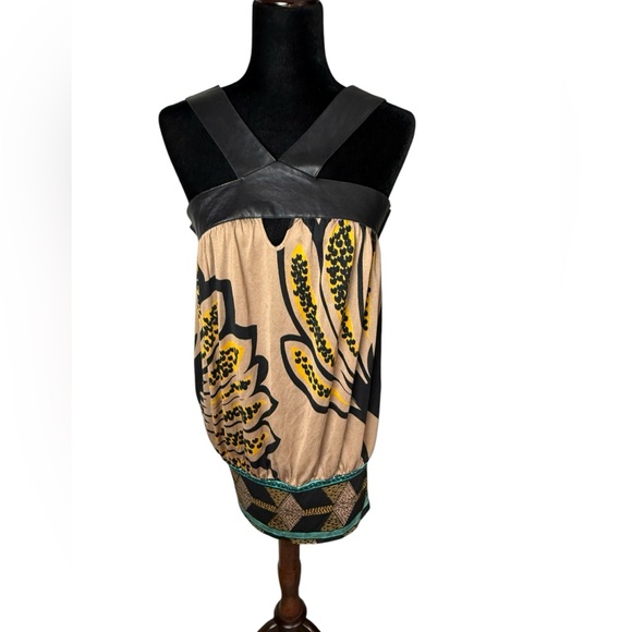 Marciano Silk and Leather halter Floral Black and Tan Dress - Picture 9 of 13